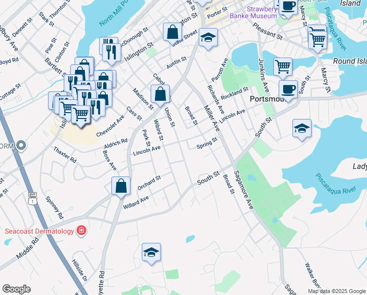 map of restaurants, bars, coffee shops, grocery stores, and more near 524 Union Street in Portsmouth