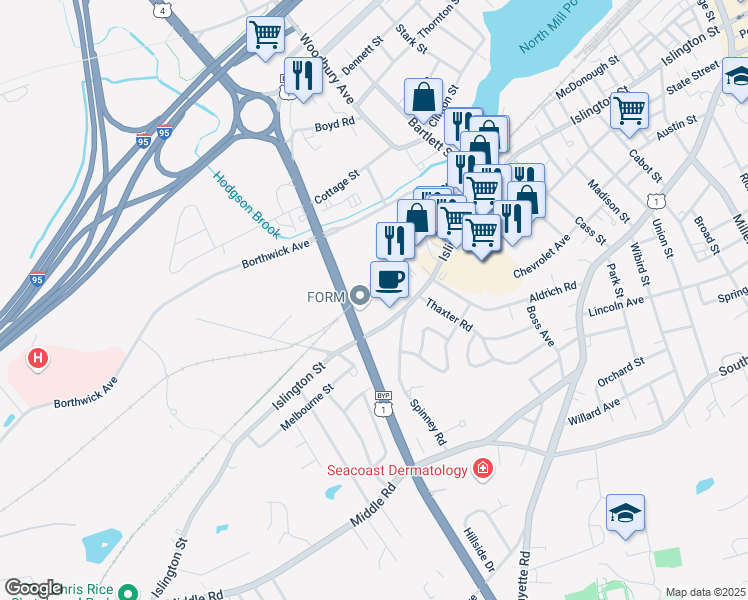 map of restaurants, bars, coffee shops, grocery stores, and more near 1039 Islington Street in Portsmouth