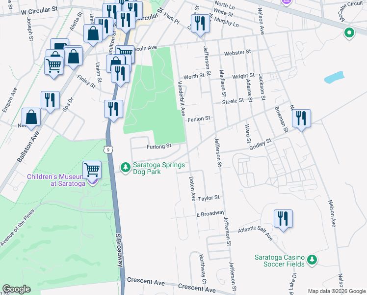 map of restaurants, bars, coffee shops, grocery stores, and more near 1 Doten Avenue in Saratoga Springs