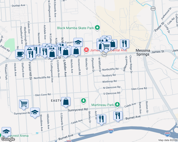map of restaurants, bars, coffee shops, grocery stores, and more near 201 Mosley Drive in Syracuse