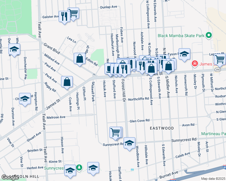 map of restaurants, bars, coffee shops, grocery stores, and more near 172 Stafford Avenue in Syracuse