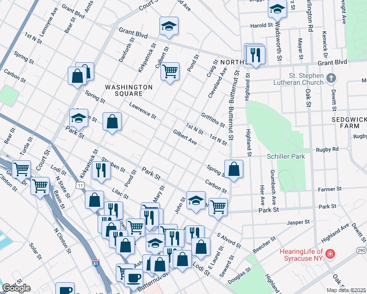 map of restaurants, bars, coffee shops, grocery stores, and more near 307 Spring Street in Syracuse