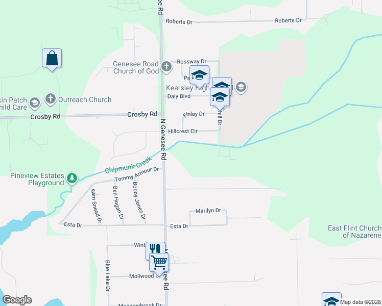 map of restaurants, bars, coffee shops, grocery stores, and more near 4152 North Genesee Road in Flint