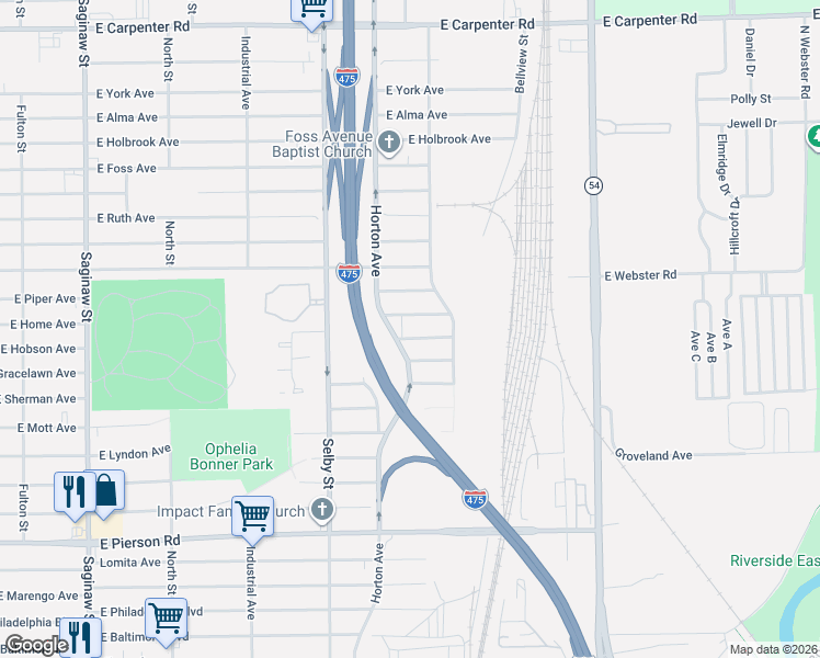 map of restaurants, bars, coffee shops, grocery stores, and more near 1167 East Hobson Avenue in Flint