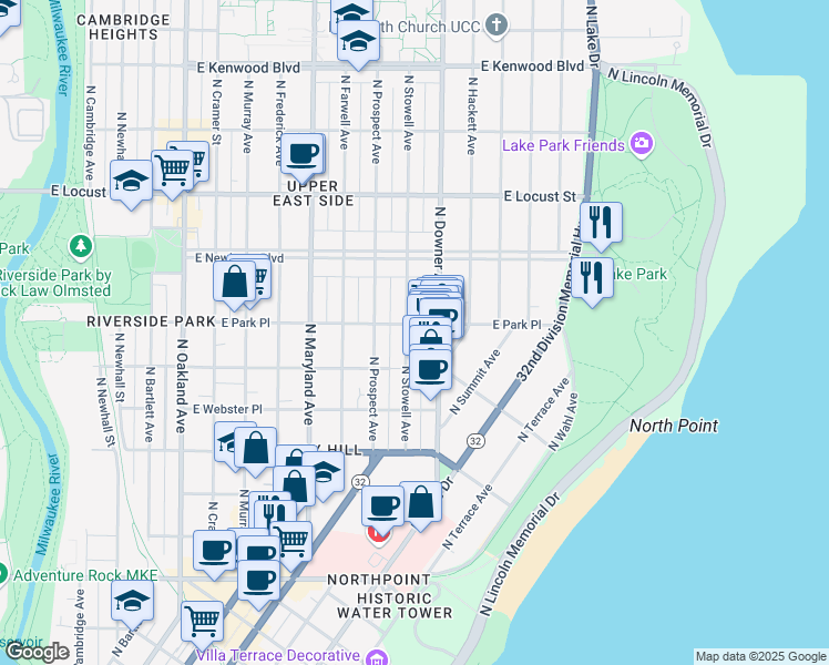 map of restaurants, bars, coffee shops, grocery stores, and more near 2618 North Stowell Avenue in Milwaukee