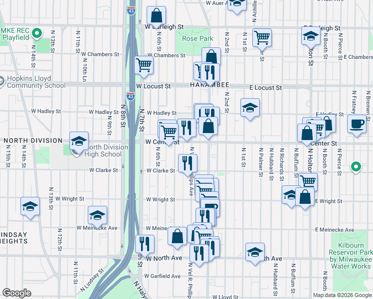 map of restaurants, bars, coffee shops, grocery stores, and more near 2632 North 5th Street in Milwaukee