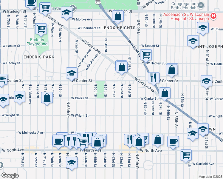 map of restaurants, bars, coffee shops, grocery stores, and more near 2609 North 63rd Street in Wauwatosa