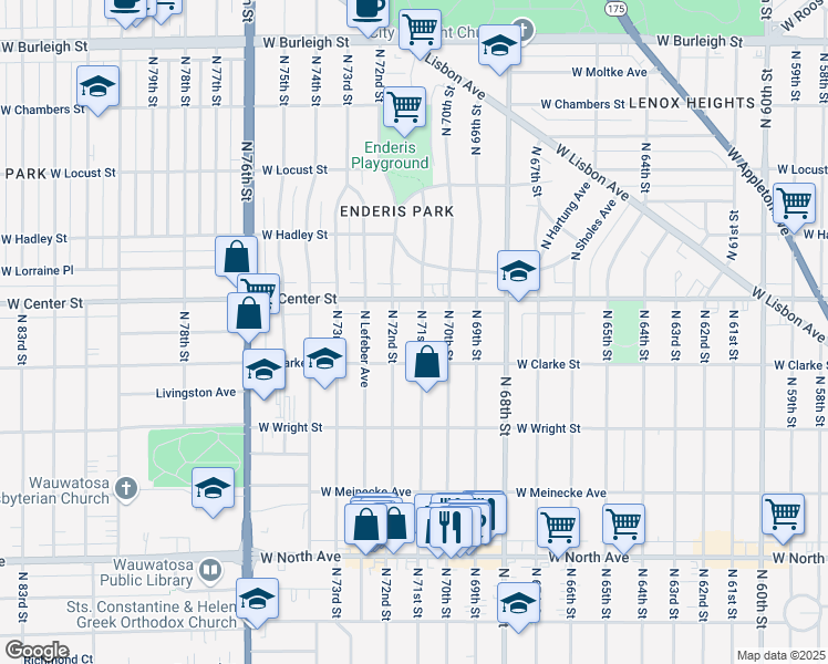 map of restaurants, bars, coffee shops, grocery stores, and more near 2608 North 71st Street in Wauwatosa