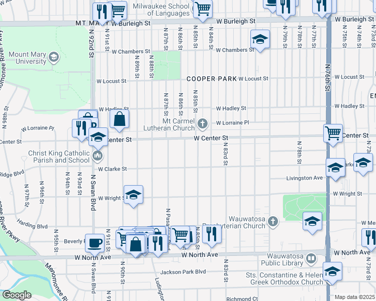 map of restaurants, bars, coffee shops, grocery stores, and more near 2617 North 86th Street in Wauwatosa