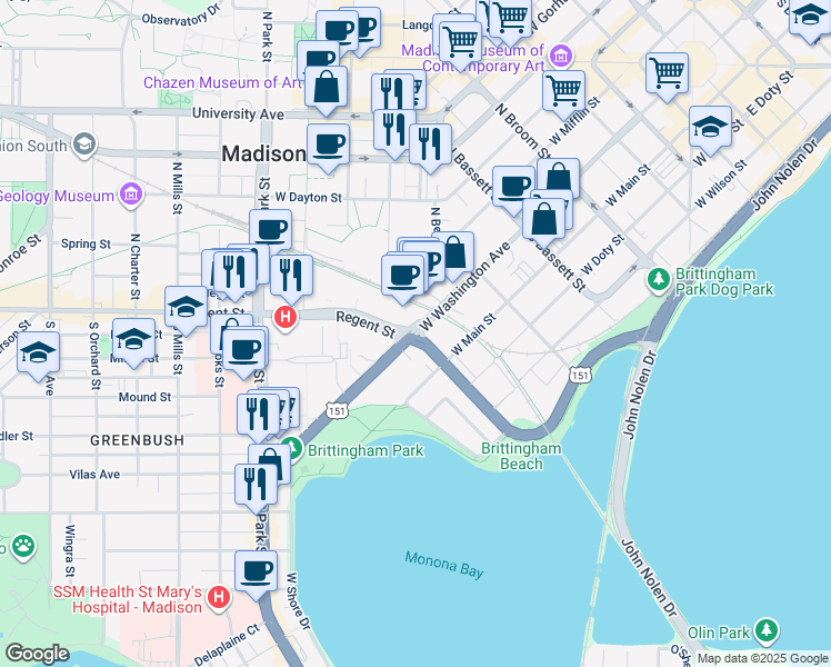 map of restaurants, bars, coffee shops, grocery stores, and more near 720 West Washington Avenue in Madison