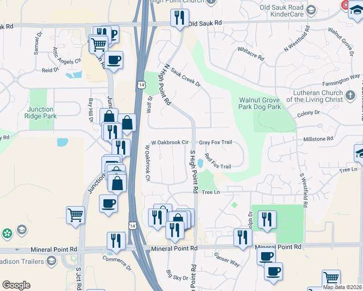 map of restaurants, bars, coffee shops, grocery stores, and more near 7818 East Oakbrook Circle in Madison
