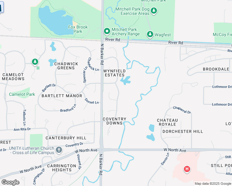 map of restaurants, bars, coffee shops, grocery stores, and more near 2580 Wynfield Lane in Brookfield