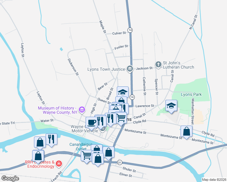 map of restaurants, bars, coffee shops, grocery stores, and more near 100 Broad Street in Lyons