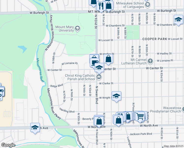 map of restaurants, bars, coffee shops, grocery stores, and more near 9302 Ridge Boulevard in Wauwatosa