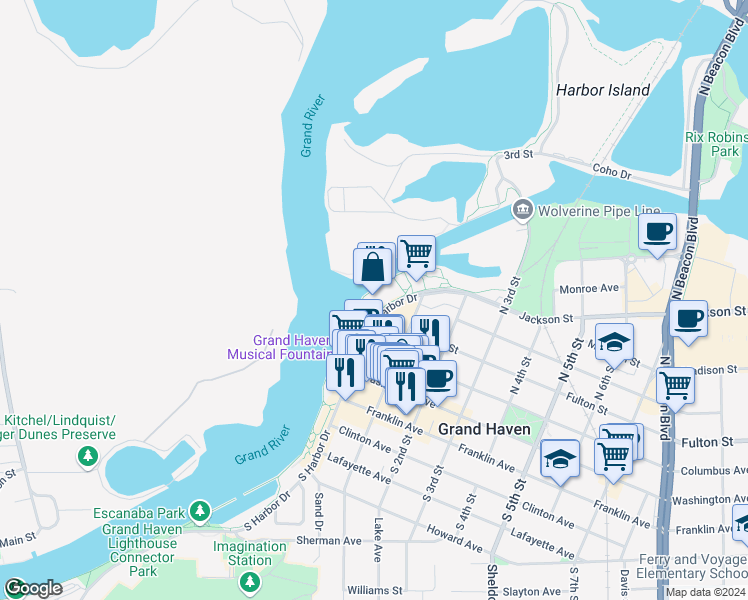 map of restaurants, bars, coffee shops, grocery stores, and more near 301 North Harbor Drive in Grand Haven