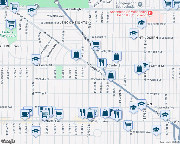 map of restaurants, bars, coffee shops, grocery stores, and more near 2640 North 60th Street in Milwaukee