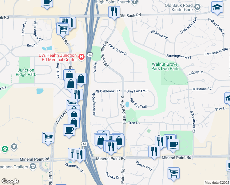 map of restaurants, bars, coffee shops, grocery stores, and more near 7818 East Oakbrook Circle in Madison