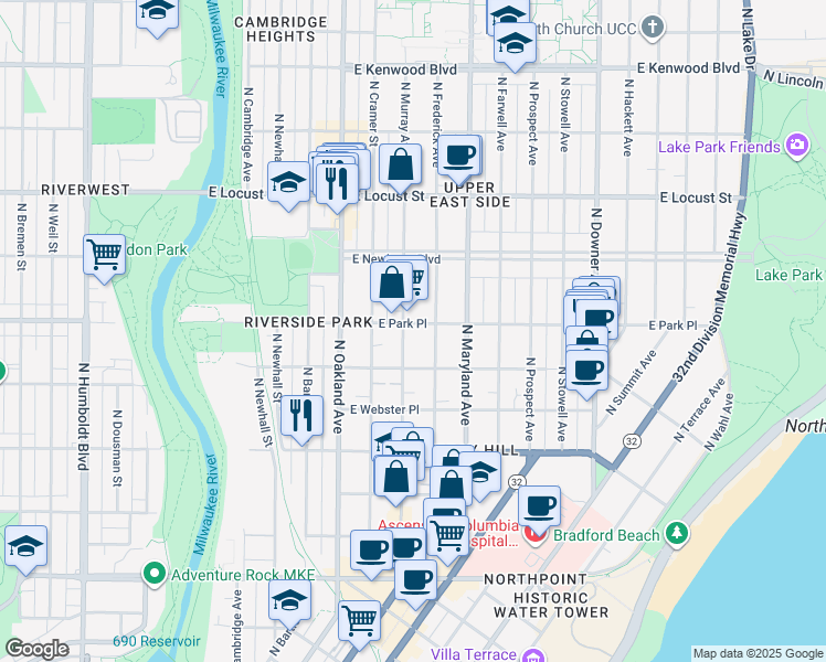 map of restaurants, bars, coffee shops, grocery stores, and more near 2011 East Park Place in Milwaukee