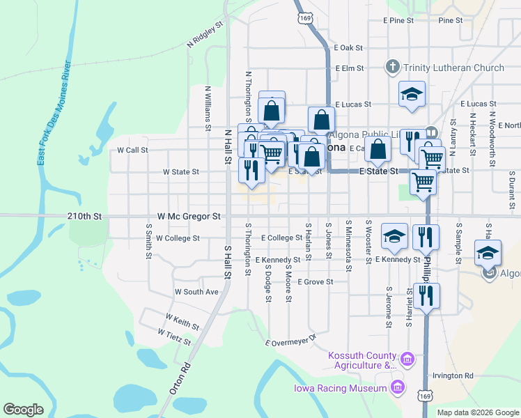 map of restaurants, bars, coffee shops, grocery stores, and more near 301-349 S Thorington St in Algona