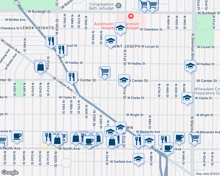 map of restaurants, bars, coffee shops, grocery stores, and more near 2646 North 53rd Street in Milwaukee
