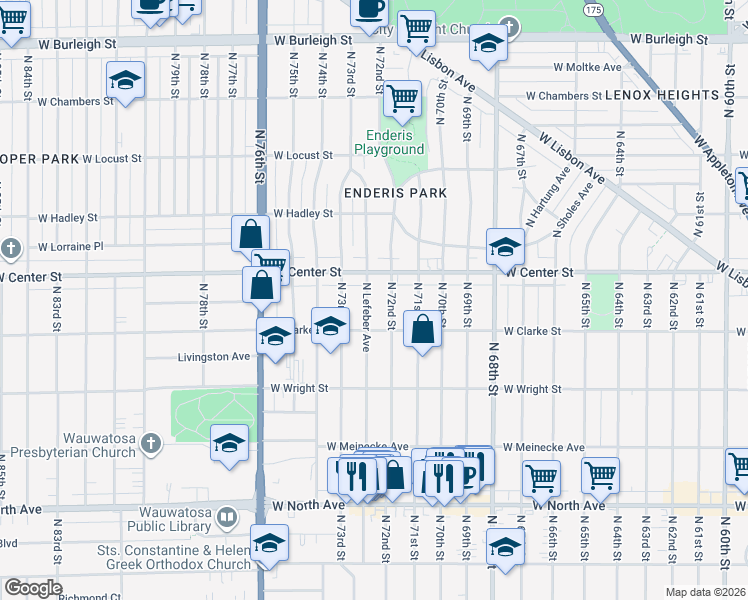 map of restaurants, bars, coffee shops, grocery stores, and more near 2609 North 72nd Street in Wauwatosa