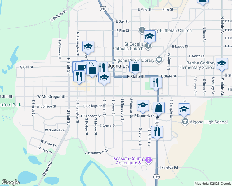 map of restaurants, bars, coffee shops, grocery stores, and more near 300-398 South Jones Street in Algona