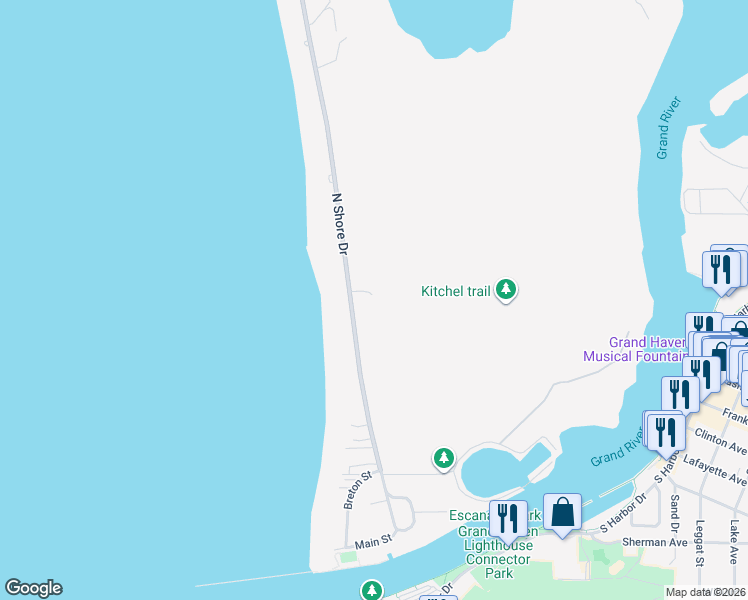 map of restaurants, bars, coffee shops, grocery stores, and more near 19632 North Shore Drive in Spring Lake