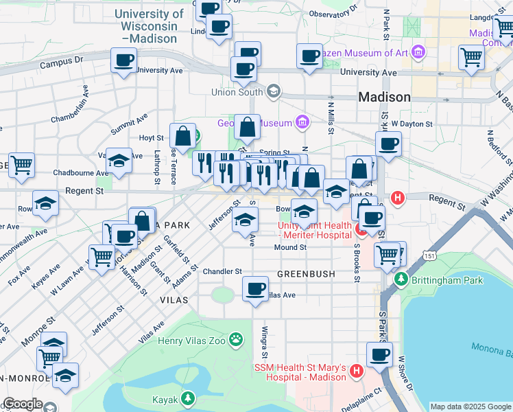 map of restaurants, bars, coffee shops, grocery stores, and more near 17 South Randall Avenue in Madison
