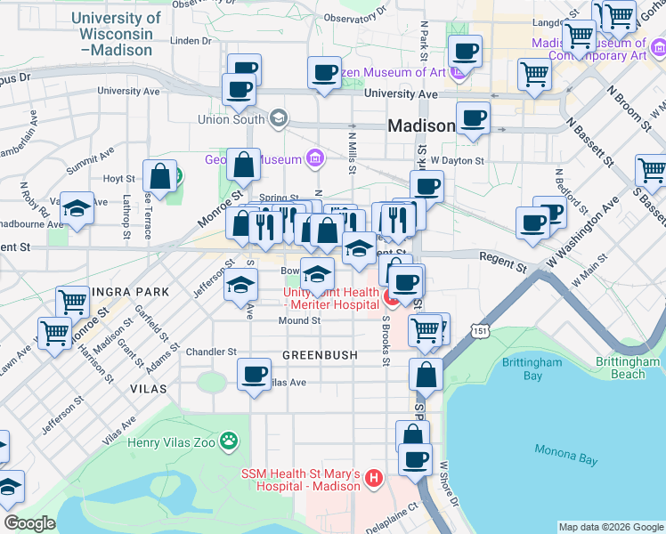 map of restaurants, bars, coffee shops, grocery stores, and more near 1124 Bowen Court in Madison