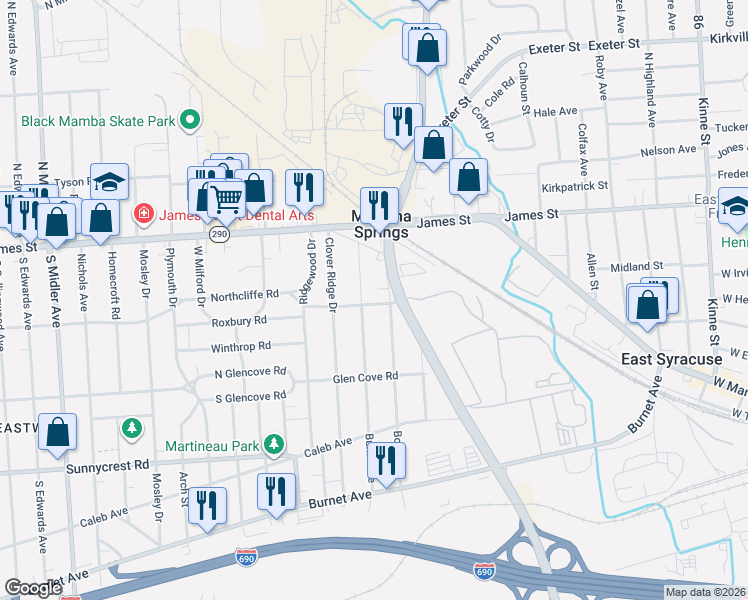 map of restaurants, bars, coffee shops, grocery stores, and more near 216 Burns Avenue in Syracuse