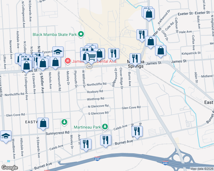 map of restaurants, bars, coffee shops, grocery stores, and more near 258 Roxbury Road in Syracuse