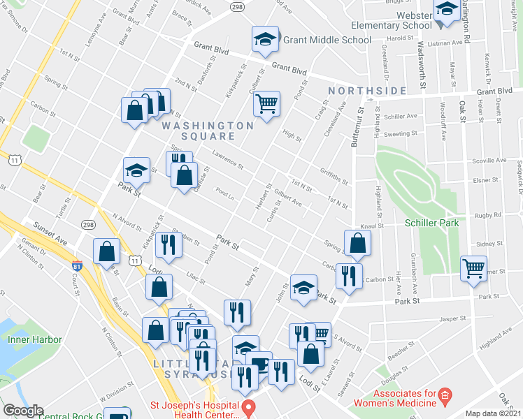 map of restaurants, bars, coffee shops, grocery stores, and more near 516 Carbon Street in Syracuse