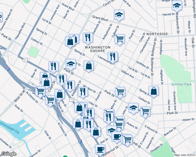 map of restaurants, bars, coffee shops, grocery stores, and more near 1206 Park Street in Syracuse