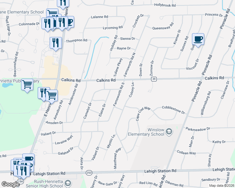 map of restaurants, bars, coffee shops, grocery stores, and more near 1064 Farnsworth Road South in Rochester
