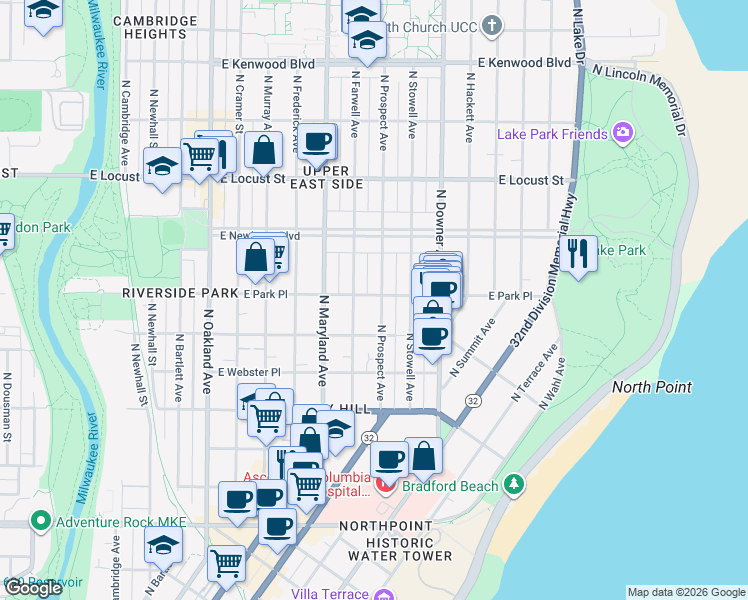 map of restaurants, bars, coffee shops, grocery stores, and more near 2614 North Prospect Avenue in Milwaukee