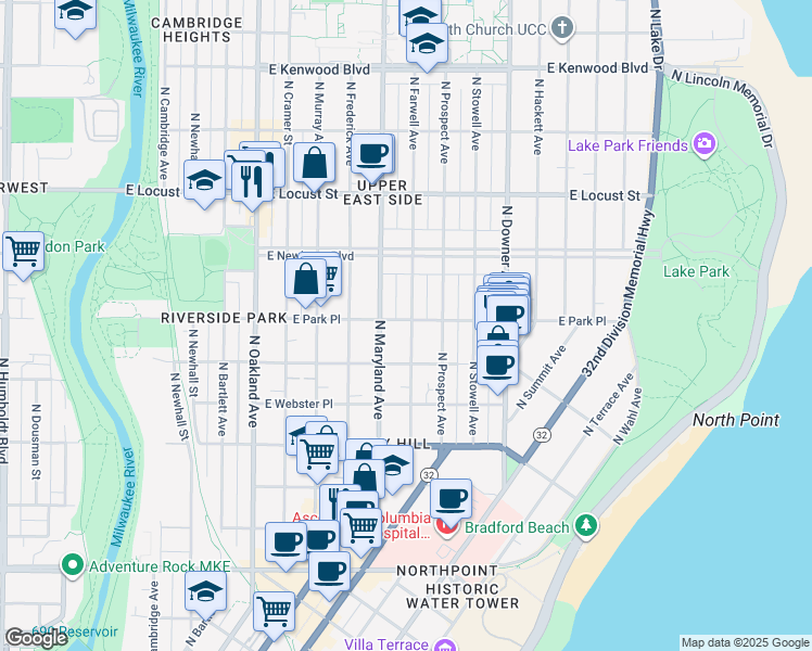 map of restaurants, bars, coffee shops, grocery stores, and more near 2617 North Farwell Avenue in Milwaukee