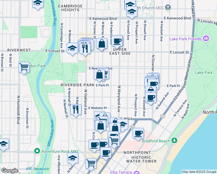 map of restaurants, bars, coffee shops, grocery stores, and more near 2612 North Murray Avenue in Milwaukee