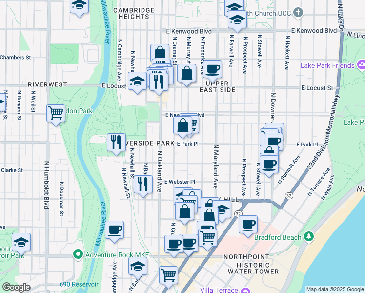 map of restaurants, bars, coffee shops, grocery stores, and more near 1904 East Belleview Place in Milwaukee