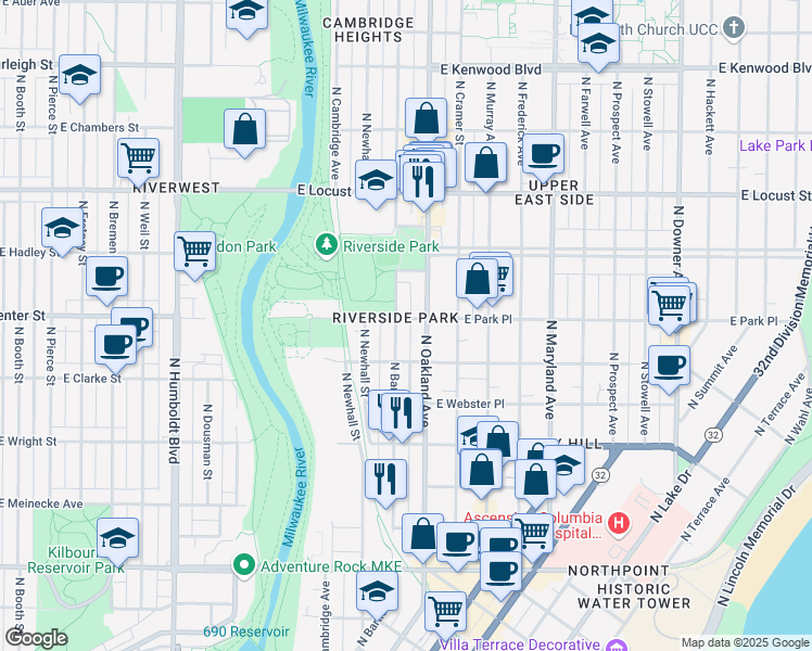 map of restaurants, bars, coffee shops, grocery stores, and more near 2613 North Bartlett Avenue in Milwaukee