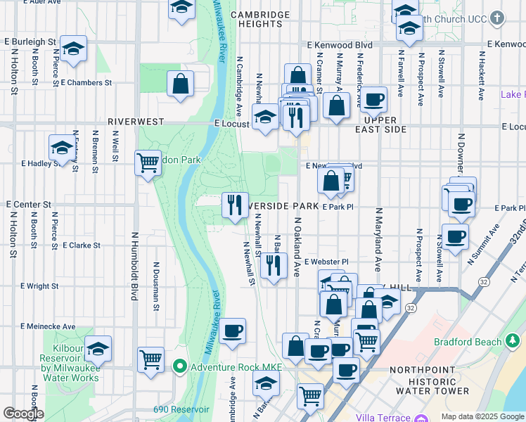 map of restaurants, bars, coffee shops, grocery stores, and more near 2613 North Bartlett Avenue in Milwaukee