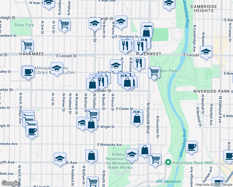 map of restaurants, bars, coffee shops, grocery stores, and more near 2637 North Pierce Street in Milwaukee
