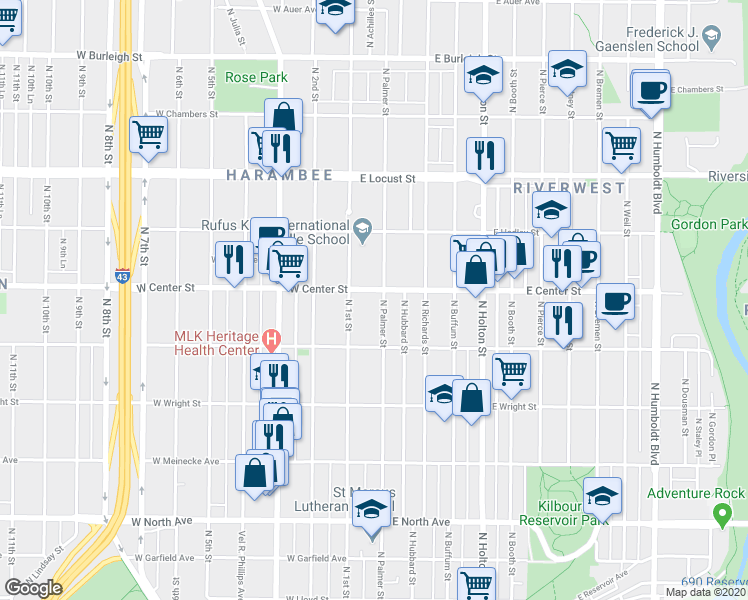 map of restaurants, bars, coffee shops, grocery stores, and more near 2630 North 1st Street in Milwaukee