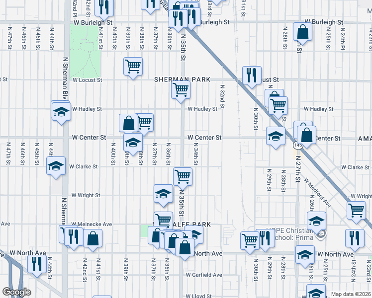 map of restaurants, bars, coffee shops, grocery stores, and more near 2614 North 35th Street in Milwaukee