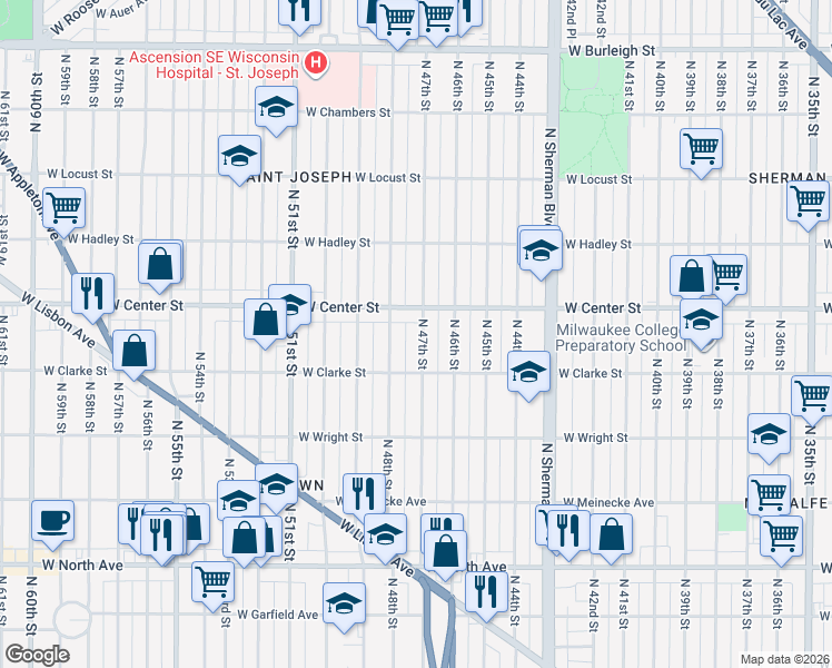 map of restaurants, bars, coffee shops, grocery stores, and more near 2612 North 47th Street in Milwaukee