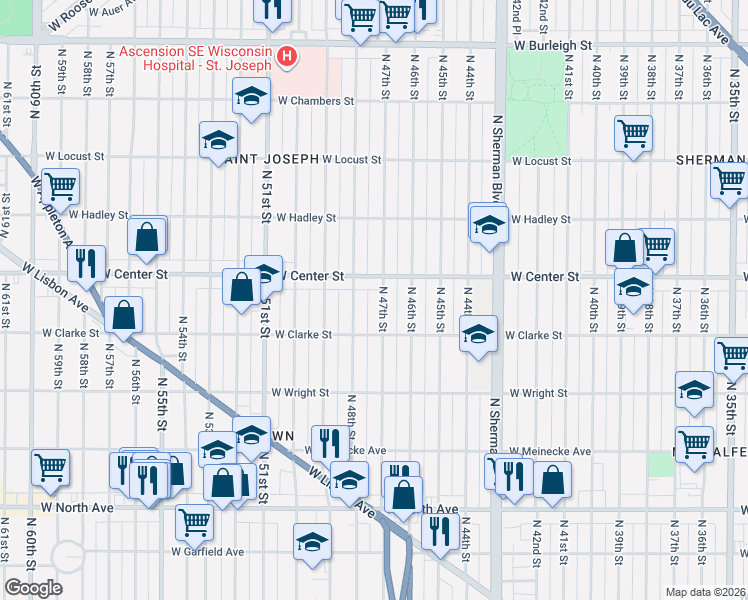 map of restaurants, bars, coffee shops, grocery stores, and more near 2614 North 48th Street in Milwaukee
