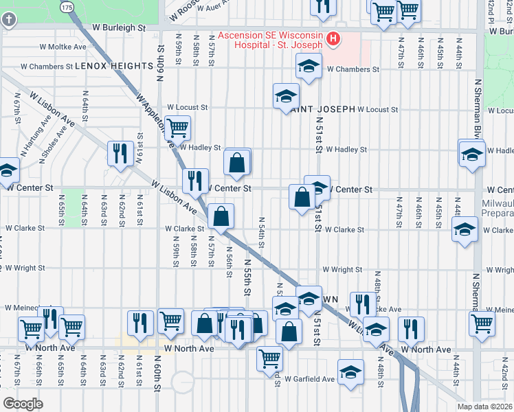 map of restaurants, bars, coffee shops, grocery stores, and more near 2616 North 54th Street in Milwaukee