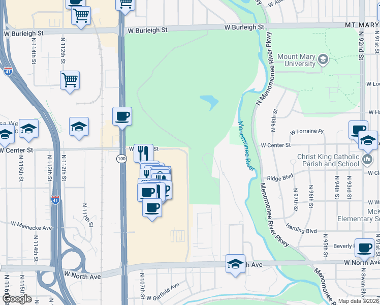 map of restaurants, bars, coffee shops, grocery stores, and more near 10122 W North Ave in Wauwatosa