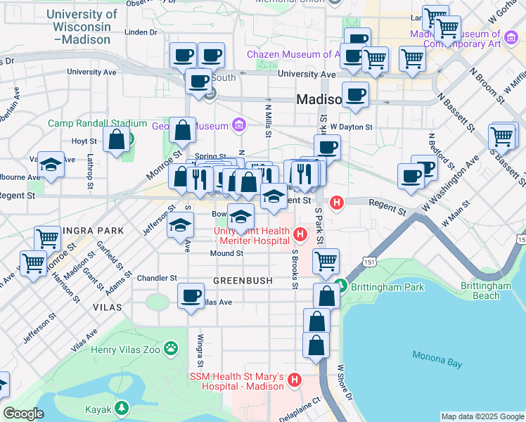 map of restaurants, bars, coffee shops, grocery stores, and more near 36 South Mills Street in Madison