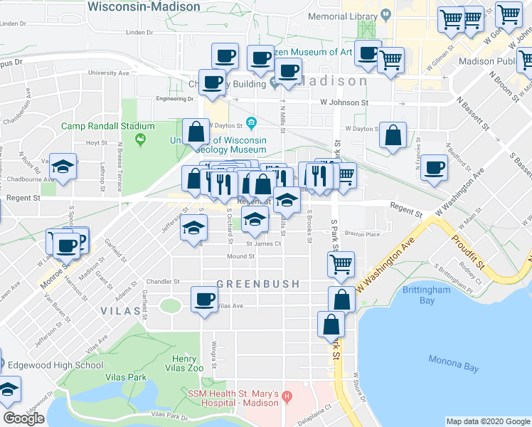 map of restaurants, bars, coffee shops, grocery stores, and more near 36 South Mills Street in Madison