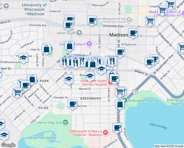 map of restaurants, bars, coffee shops, grocery stores, and more near 1132 Milton Street in Madison